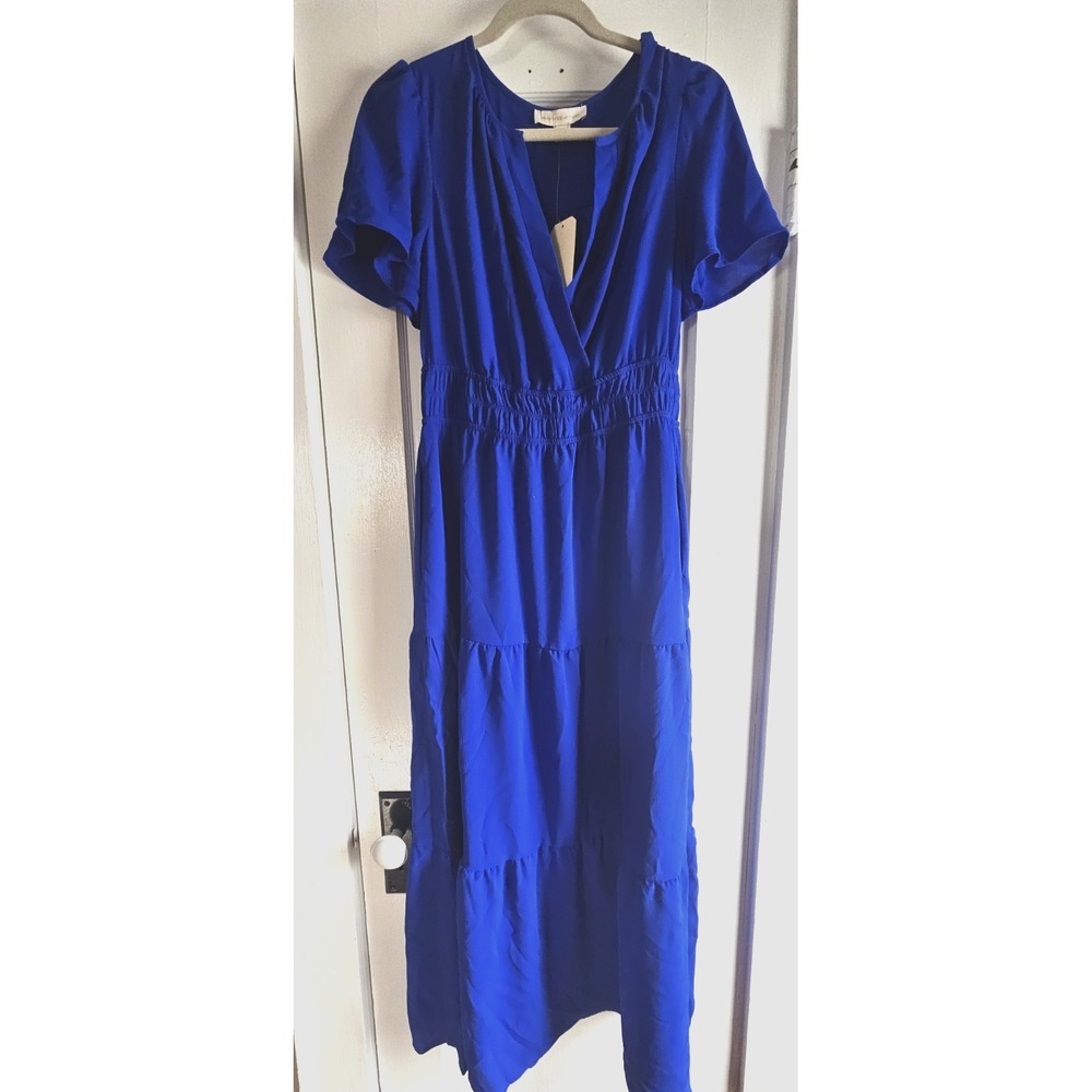 NWT monteau womans L royal blue smocked waist tiered maxi dress flutter sleeves